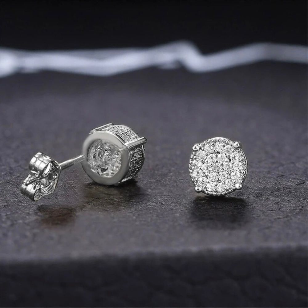 Shiny Round Zircon Hip Hop stud Paved Shiny Silver Stud CZ Silver Cubic Zircon - Picture 2 of 4
